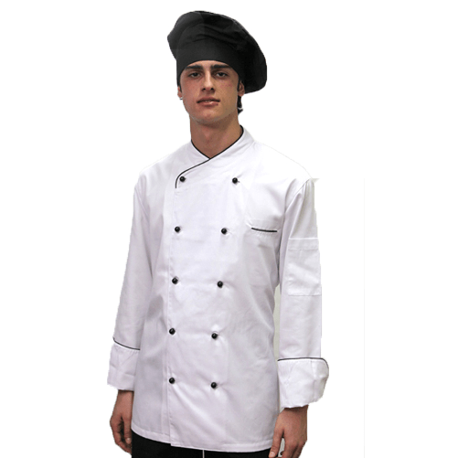 Giacca casacca cuoco cotone bianca profilo nero o blu con bottoncini - Personalizzabile con il tuo logo blu M